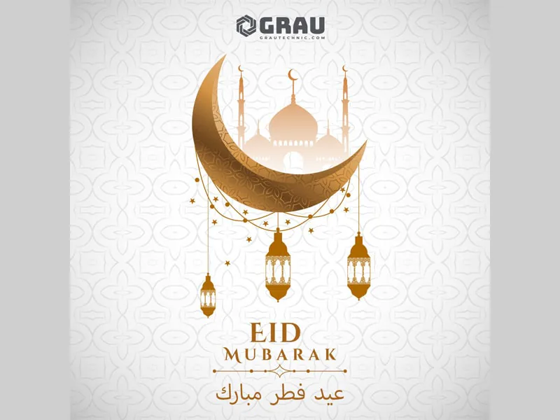 Tarjeta de felicitación con el texto «Eid Mubarak» bajo el logotipo de GRAU, con una luna creciente dorada, una mezquita y farolillos colgantes