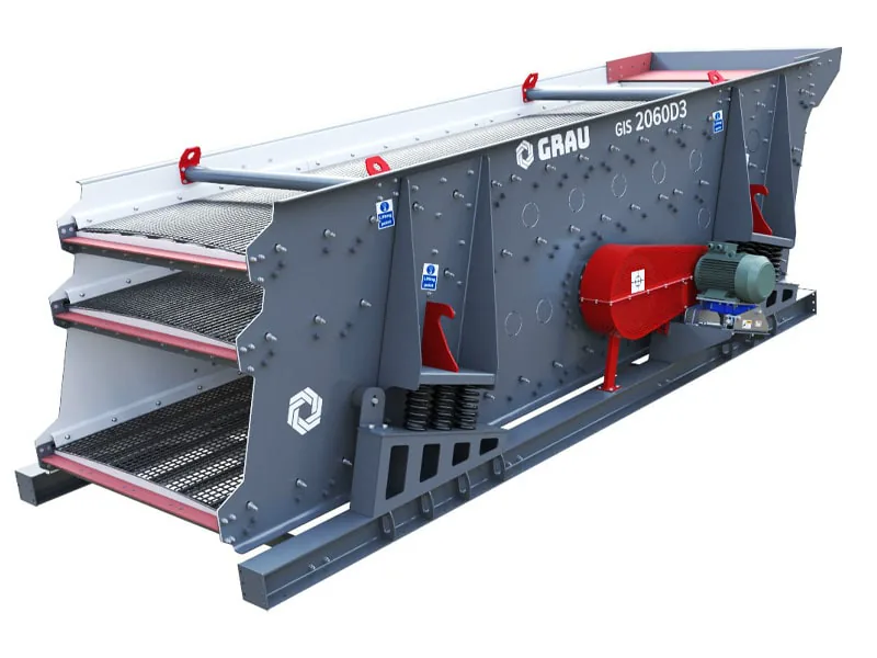 Render 3D de una criba inclinada GRAU desde su extremo inferior, con tres pisos de malla, un motor eléctrico y una protección roja del accionamiento