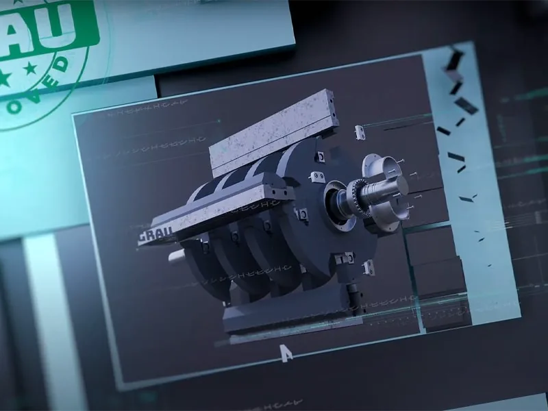 Rendering of a welded impact crusher rotor designed by GRAU, exploded on a floating screen beside a green stamp