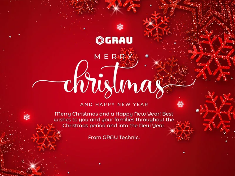 Carte de Noël GRAU rouge avec des flocons de neige scintillants, souhaitant un joyeux Noël et une bonne année