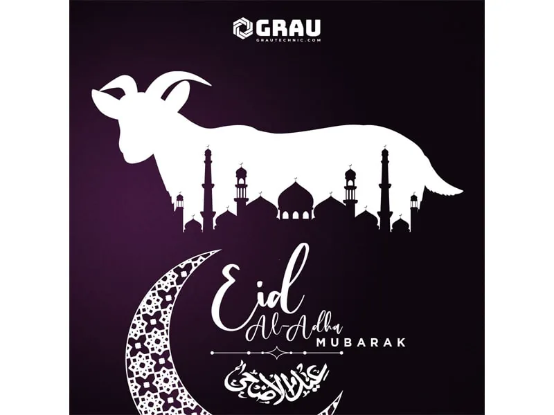 Vœux de GRAU pour l’Aïd al-Adha : une silhouette de chèvre au-dessus d’un horizon de mosquées, un croissant de lune et « Eid Al-Adha Mubarak »